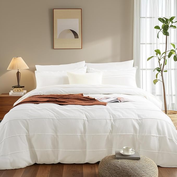 NEXHOME PRO 100% Organic Cotton Duvet Cover Super King Size, Linen Like Pleated Textured White Duvet Cover Set, 3pc Bedding Set with Zipper Closure, Soft,108"x98", No Comforter