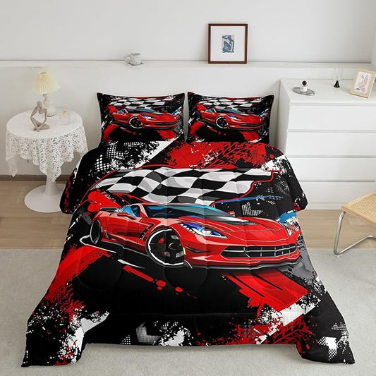 Feelyou Car Bedding Set for Boys Cool Racing Sports Comforter Cover Kids Children Extreme Theme Modern Red Automobile Duvet Room Decor 1 with 2 Pillow Case Full Size SX8528BZZSJ