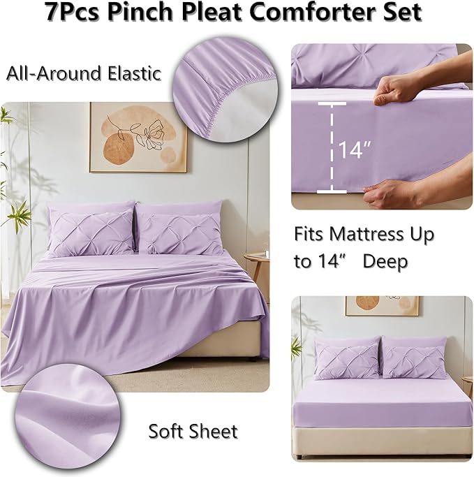 King Comforter Set 7 Pieces Bed in A Bag Light Purple Luxury Soft King Size Bed Set Pintuck Pinch Pleat Bedding Sets with Comforter, Flat Sheet, Fitted Sheet and Pillowcases & Shams