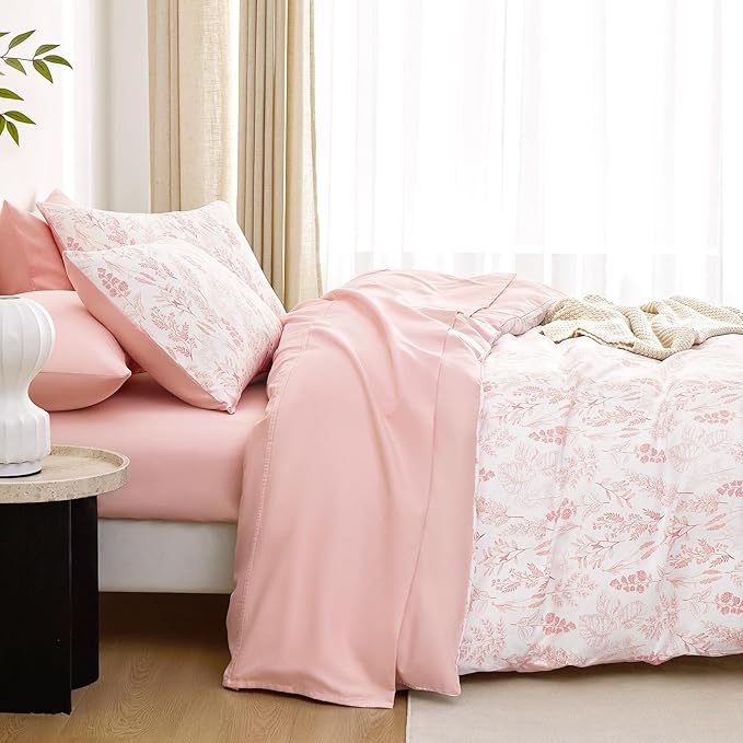 Wake In Cloud - Floral Duvet Cover Set, Botanical Vintage Flower Coquette Cottagecore Aesthetic for Women Teen Girls, Soft Lightweight Bedding, 3-Piece, Blush Pink, Full Size