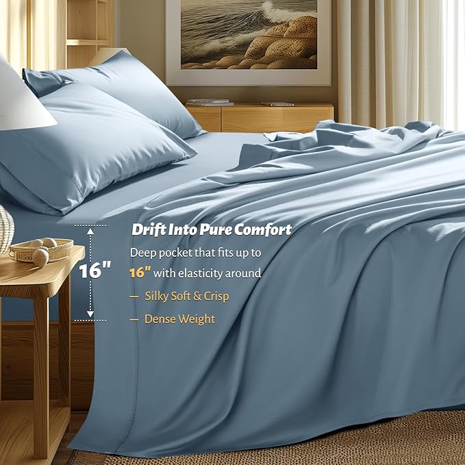 Shilucheng 100% Egyptian Cotton King Size Sheets Set - 1000 Thread Count，Luxury Cotton Bed Sheets，Breathable & Cooling Bedding and Pillow Cases, 16 Inch Deep Pocket - 6 Piece (French Blue, King)