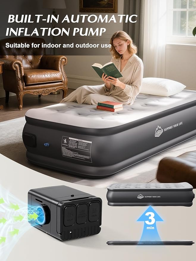 Twin Air Mattress with Built in Pump, 18" Upgraded One-Touch Inflatable Airbed for Home, Camping Guests, Portable Blow Up Mattress, 440lbs Capacity