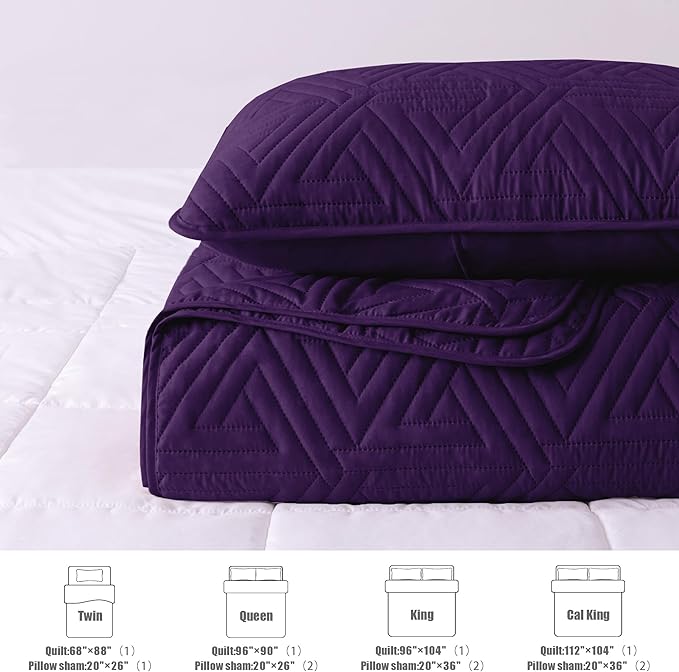 Whale Flotilla Soft California King Size Quilt Set for All Seasons, 3-Piece Ultrasonic Bedding Set, Lightweight Reversible Bedspread, Coverlet, Bed Cover with 2 Pillow Shams, Purple