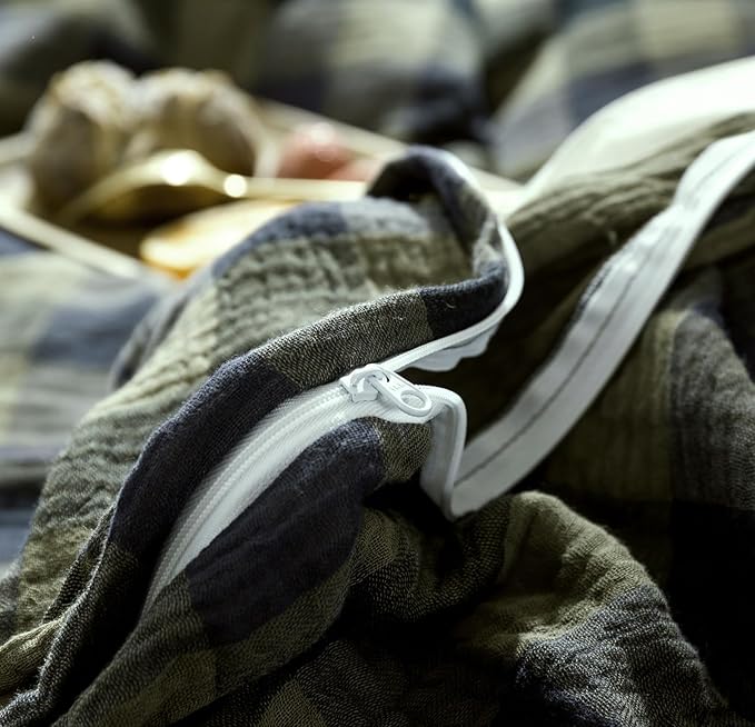 VM VOUGEMARKET Green Navy Plaid Duvet Cover King Muslin Cotton Bedding Set Soft Breathable Linen Like 3-Layer Gauze Comforter Cover with Zipper Closure for Adults-3 Pieces,104"x90"