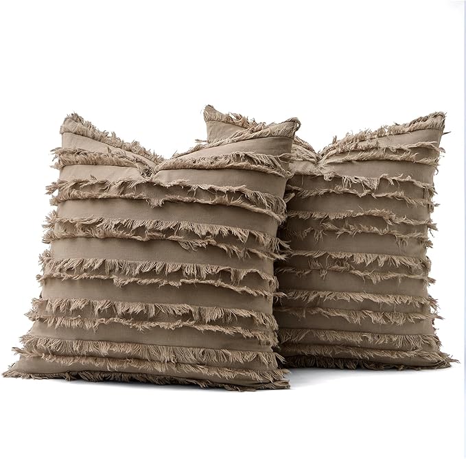 MIULEE Decorative Boho Throw Pillow Covers Set of 2 Khaki Brown Modern Linen Striped Jacquard Pattern Farmhouse Neutral Cushion Covers for Sofa Couch Living Room Bedroom 18x18 Inch Home Decor