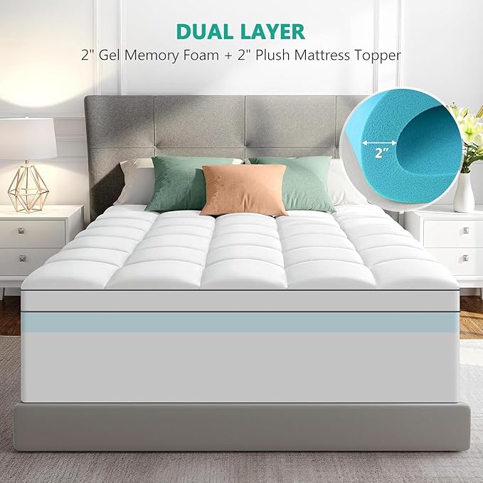Dual Layer 4 Inch Memory Foam Mattress Topper Twin Size - 2 Inch Cooling Gel Memory Foam Plus 2 Inch Pillow Top Thick Mattress Pad - Pressure-Relieving Comfort