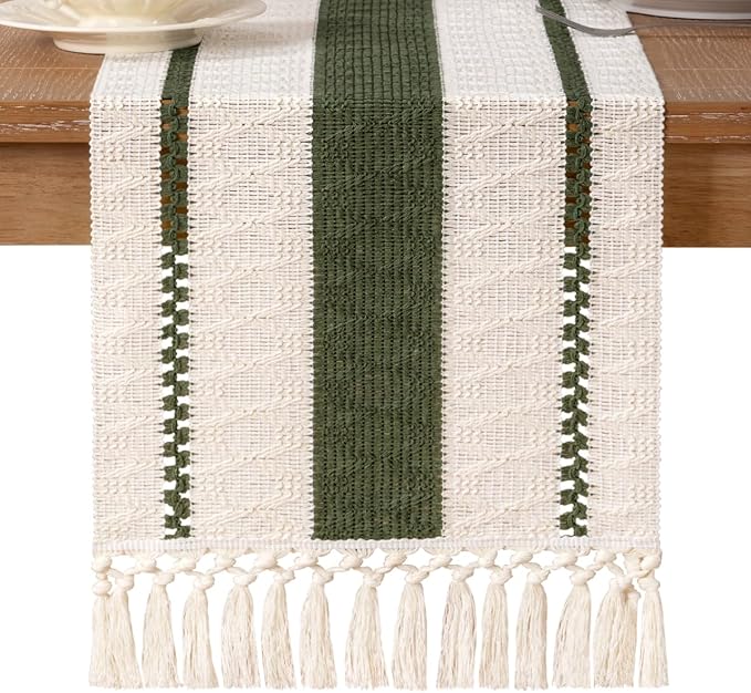 Socomi Boho Table Runner Easter Spring Farmhouse Rustic Dining Kitchen Centerpiece Decor Small Macrame Woven Cotton Linen Coffee Table Runner for Dresser Scarf Home Decor 12x48 inch Olive Green