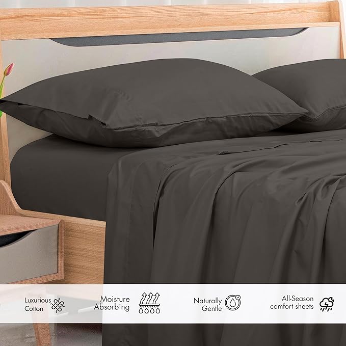 Royale Linens 300 Thread Count 100% Long Staple Combed Cotton Flat Sheet - Super Soft - Top Sheets - Twin Flat Sheet Sold Separately - Breathable, Cool & Crisp Percale Sheets Only (Twin, Grey)