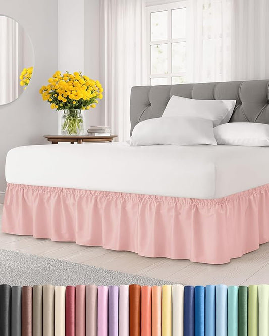 Wrap Around Dust Ruffle Bed Skirt - Baby Pink - Queen Size Beds w/ 15 Inch Drop - Easy Fit Elastic Strap - Adjustable Pleated Bedskirt w/Brushed Fabric - Wrinkle Free - Women, Men, Kids & Teens