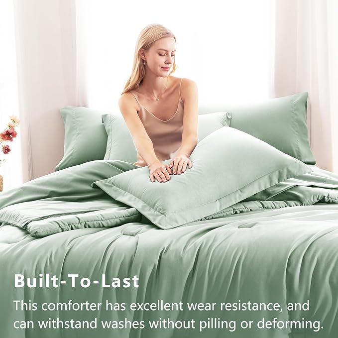 CozyLux Queen Comforter Set 7 Pieces Bed in a Bag Queen, Sage Green Bedding Comforter Set with Sheets All Season, 7PC Bed Sets with Comforter, Fitted Sheets, Flat Sheets, Pillow Shams and Pillowcases
