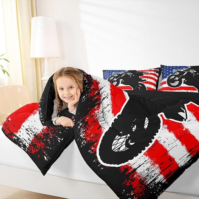Dirt Bike Comforter Set Twin Motocross Comforter Retro American Flag Bedding Set for Kids Boys Teens Men Grunge Room Decor,Extreme Sports Tie Dye Bed Set Motor Biker Motorcycle Quilt Duvet Set 2 Pcs