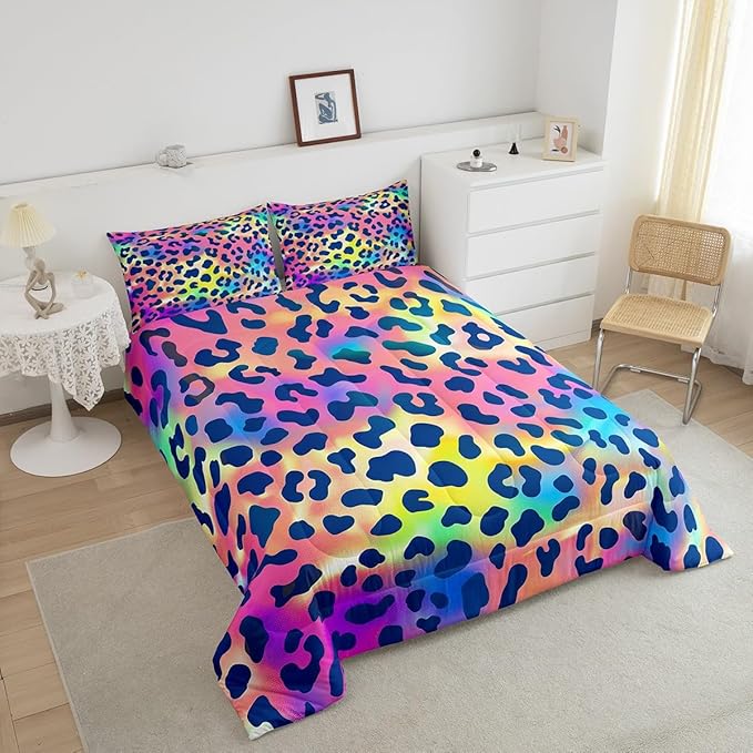 Feelyou Leopard Print Comforter Set Africa Cheetah Print Bedding Set Rainbow Leopard Design Comforter for All Season for Boys Girls Kids Women Room Decor Safari Animal Duvet Set Full Size Boys