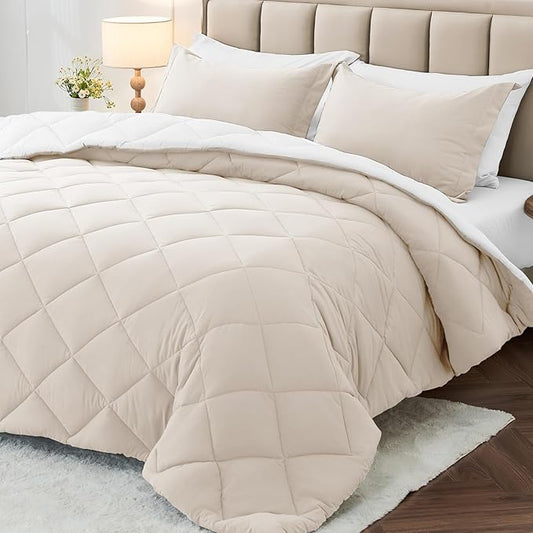 MUXHOMO 7 Pieces King Comforter Set, Reversible Bed in a Bag King Size, All Season Bedding Set with Comforter, Flat Sheet, Fitted Sheet, Pillowcases & Shams, Beige & White