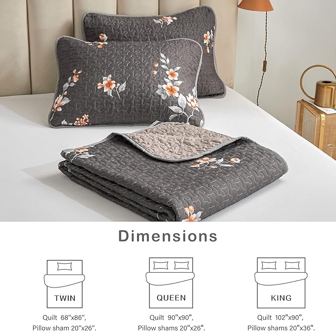 Flysheep 3 Pieces Quilt Set Full/Queen Size, Dark Gray Floral Reversible Bedspread Coverlet Set, Soft Microfiber Lightweight Bed Cover for All Season (90" x 90", 1 Quilt+ 2 Pillow Shams)