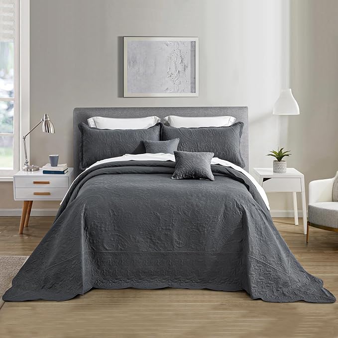 Oversized King Bedspread 138x122 Extra Wide, Ultrasonic Lightweight Bedding Cover, Paisley Pattern, Reversible, 5 Piece, 100% Microfiber, California/Alaskan King, Dark Grey