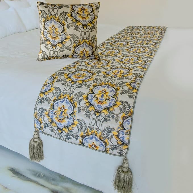 The HomeCentric King/Queen/Twin Grey Decorative CA King 86"x18" Bed Runner with Pillow Cover, Quilted, Damask & Tassels Bed Scarf on Jacquard Fabric - Damask Blaze