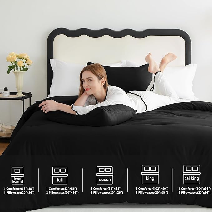 CozyLux King Size Comforter Set Black, 3 Pieces Solid Comforters King Size Breathable Quilted Style Bedding Set, Luxury Soft Microfiber Down Alternative Comforter Bed Set (1 Comforter & 2 Pillowcases)