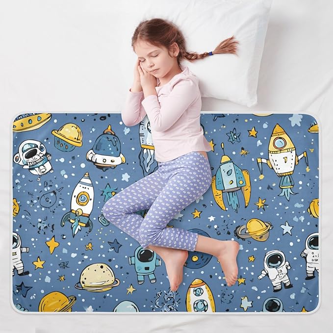 Waterproof Bed Pad Reusable Changing Pad Toddler Mattress Protector Large Pee Pad Baby Diaper Pad Soft Washable Liner Blue Cute Space Doodle Rocket Spacemen