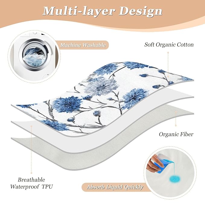 Waterproof Bed Pad Reusable Changing Pad Toddler Mattress Protector Large Pee Pad Baby Diaper Pad Soft Washable Liner Chinese Style Cornflower