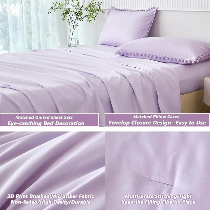 PERFEMET 5 Pcs Lavender Pom Pom Comforter Queen Size Boho Luxury Light Purple Bedding Sets for Girls Soft Cozy Solid Bed in A Bag for Women Adults(Lavender, Queen)