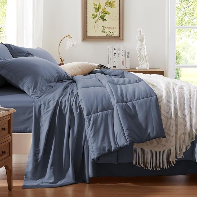 Anluoer King Comforter Set 7 Piece, Grayish Blue Bed in a Bag with Sheets, Comforters King Size Bedding Sets with 1 Comforter, 2 Pillow Shams, 2 Pillowcases, 1 Flat Sheet,1 Fitted Sheet