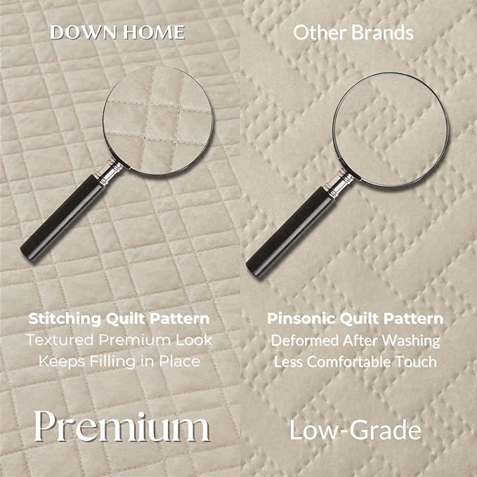 DOWN HOME Twin Quilt Set with Sham Lightweight Quilted Bedspread Coverlet Thin Comforter Bed Cover Vintage Washed Quilted Blanket for All Season, Brushed Microfiber Diamond Stitching, Beige, 66"x92"