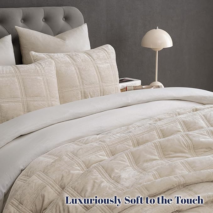 PHF Ultra Soft Velvet Quilt Set King Size – 3PCS Luxurious Cozy Quilted Comforter Alternative with Diamond Pattern, Warm Quilted Bedspread Coverlet, 108" x 92", Sand