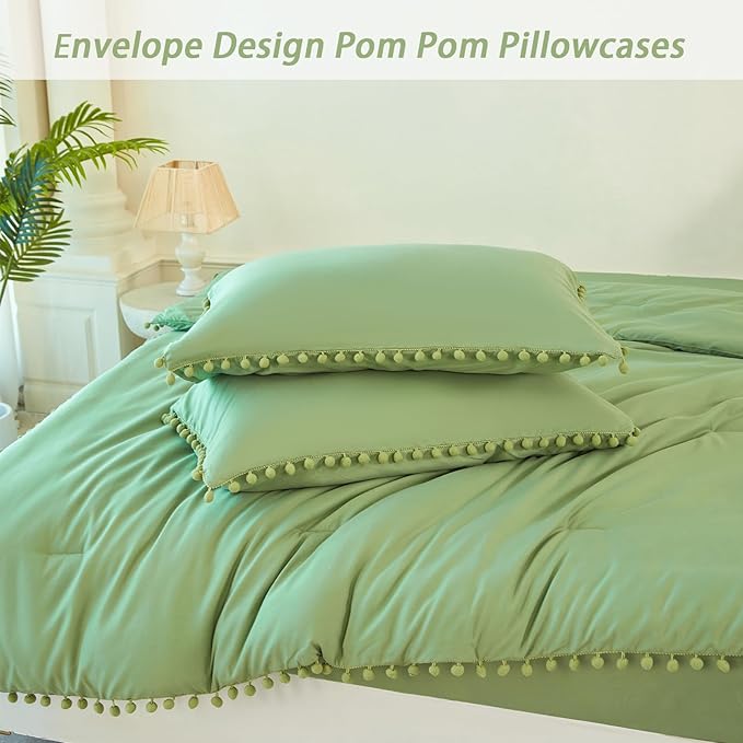 PERFEMET Green Bedding Set Full Size 5 Pieces Boho Pom Pom Fringe Bed in A Bag for Girls Kids Soft Lightweight All Season Solid Comforter Set for Bedroom(Green, Full)