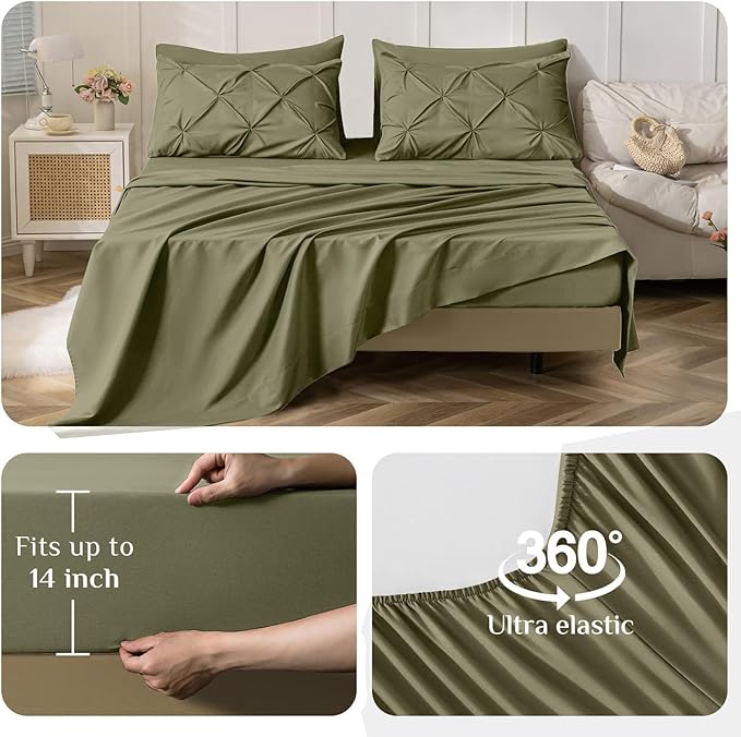 JOLLYVOGUE Queen Comforter Set 7 Pieces - Bed in a Bag Queen for All Season, Pintuck Bedding Comforter Sets with Comforter, Flat Sheet, Fitted Sheet and Pillowcases & Shams, Olive Green