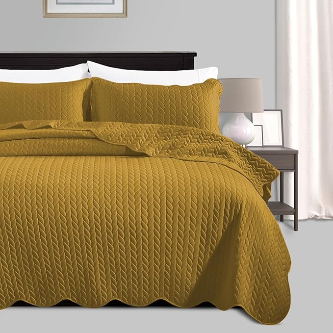 IR Imperial Rooms California King Quilt Bedding Set Size (118"x106") + 2 Pillow Shams (20" x 36"+ 2") - 3 Pcs All Season Reversible Microfiber Coverlet Embossed Quilt Bedspread (Ochre)