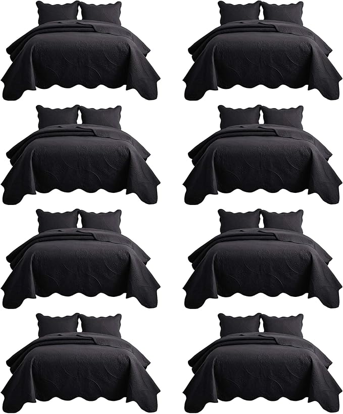 IR Imperial Rooms 8 Pack Quilt King Size Bedding (106" x 96") - Bulk Wholesale for Hotels, Guest Bedroom & Airbnbs - Lightweight Microfiber Reversible Floral Embossed Quilts Bedspreads (Black)