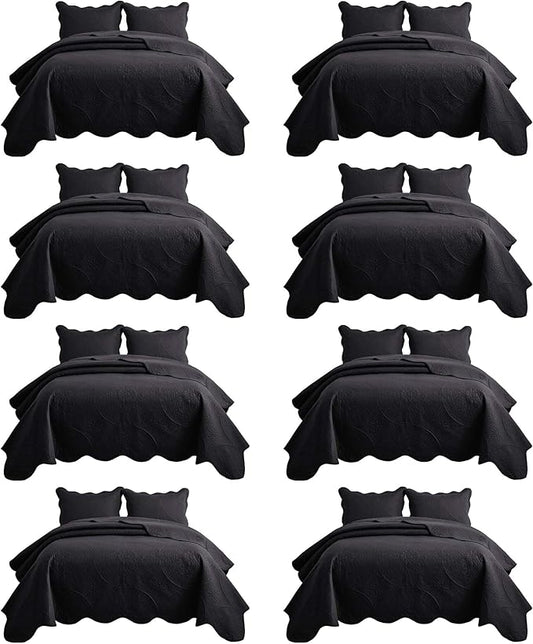 IR Imperial Rooms 8 Pack Quilt King Size Bedding (106" x 96") - Bulk Wholesale for Hotels, Guest Bedroom & Airbnbs - Lightweight Microfiber Reversible Floral Embossed Quilts Bedspreads (Black)