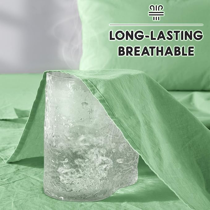 SONORO KATE 100% French Pure Linen Sheets, Breathable and Durable Linen Queen Size Sheets, Anti-Tear Linen Bed Sheets, Machine Washable, 16 Inch Deep Pocket - 4 Piece (Green, Queen)