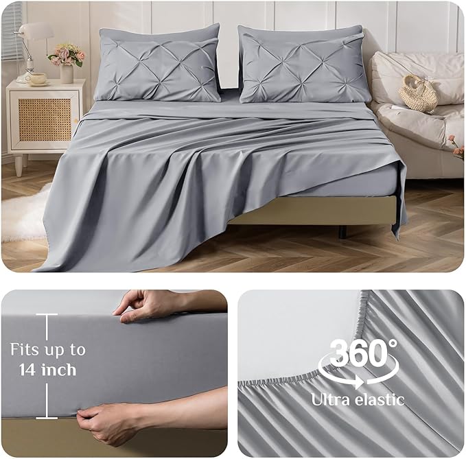 JOLLYVOGUE Full Size Comforter Sets 7 Pieces - Bed in a Bag Full for All Season, Pintuck Bedding Comforter Sets with Comforter, Flat Sheet, Fitted Sheet and Pillowcases & Shams, Light Grey