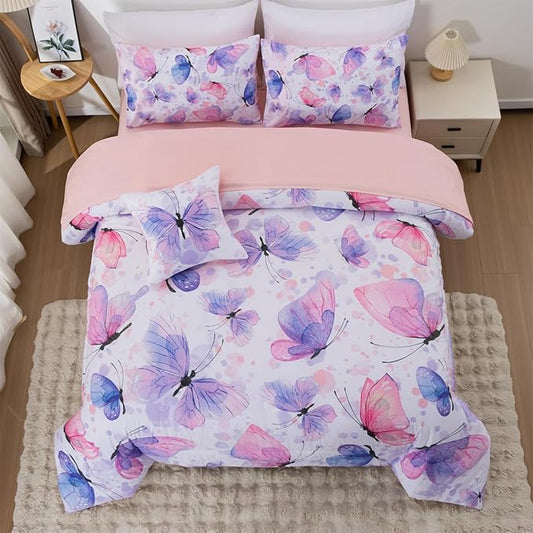 A Nice Night 6pcs Bed in A Bag Watercolor Ink Wash Tie-Dye Butterfly Printed, Butterflies Flying Bedding Comforter Set, Twin，Purple