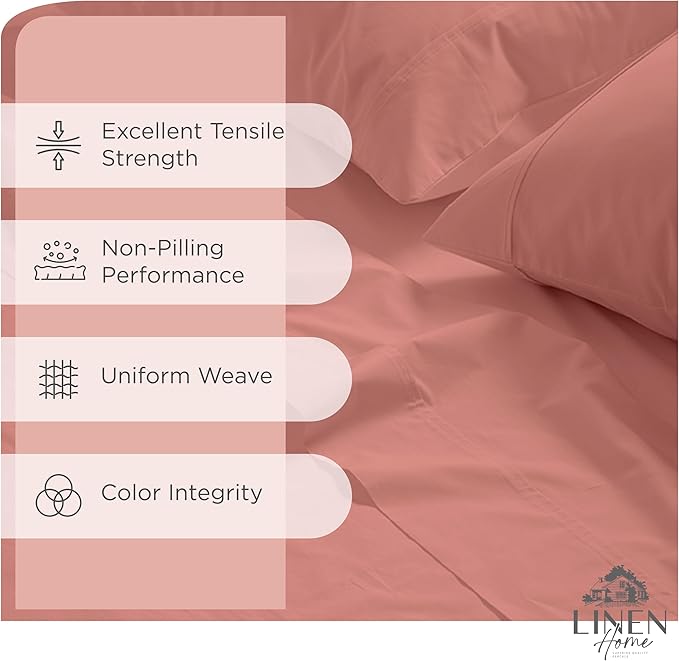 Linen Home 100% Cotton Percale Sheets Twin Size, Rose Clay, Deep Pocket, 3 Pieces Set - 1 Flat, 1 Deep Pocket Fitted Sheet and 1 Pillowcase, Crisp Cool and Strong Bed Linen