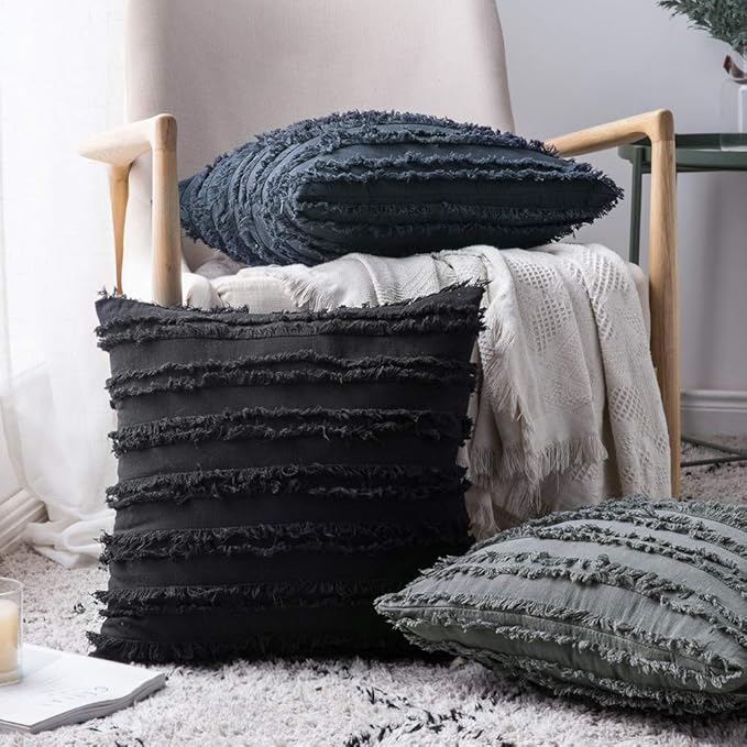 MIULEE Set of 2 Decorative Boho Throw Pillow Covers Linen Striped Jacquard Pattern Cushion Covers for Sofa Couch Living Room Bedroom 20x20 Inch Dark Grey