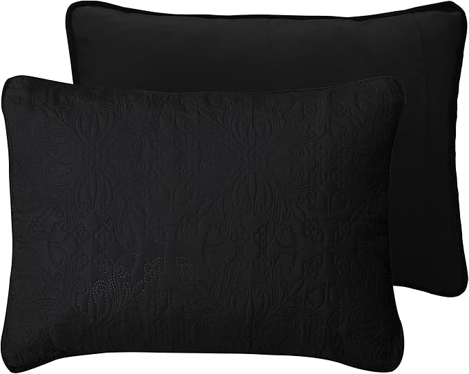 Easy-Going Full/Queen Size Reversible Quilt Set with 1 Quilt and 2 Pillow Shams, Soft Bed Quilt Cover, Water Resistant Lightweight Microfiber Bedspread, Stain Resistant, Damask-Black/Beige