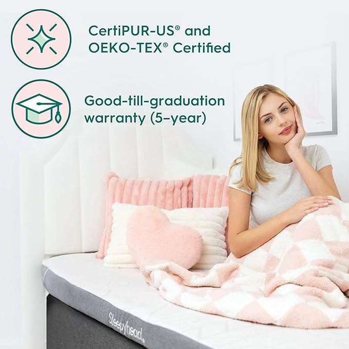 Sleepyhead Twin XL 2 Inch Super Memory Foam Mattress Topper for College Dorm – Copper & Gel Infused, Cooling, Washable Cover, Thick & Comfortable Mattress Pad, Dorm Room Essentials (XL Twin 2")