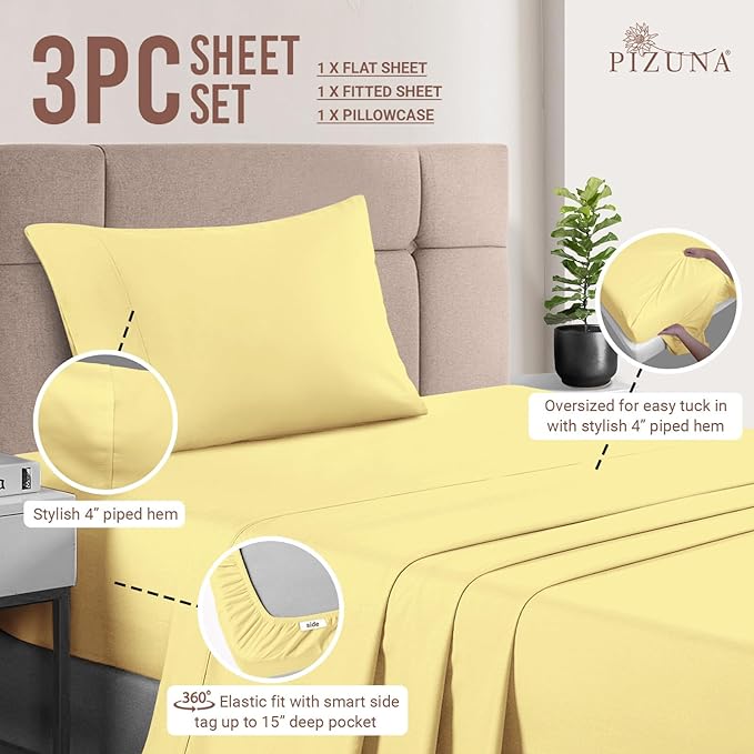 Pizuna Pure 100% Cotton Sheets Twin XL Size, Luxurious 400 Thread Count Long Staple Cotton Sateen Sheets with 15" Deep Pocket (Combed Mellow Yellow Cotton Twin XL Sheet Set)