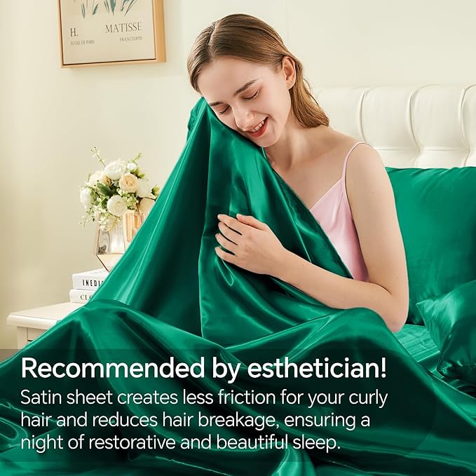 BEDELITE King Size Sheets Set, Luxury Soft Dark Green Satin Sheets for Hair and Skin, Similar to Silk Bed Sheets Set 4 Pieces with 1 Deep Pocket Fitted Sheet, 1 Flat Sheet, and 2 Pillowcases