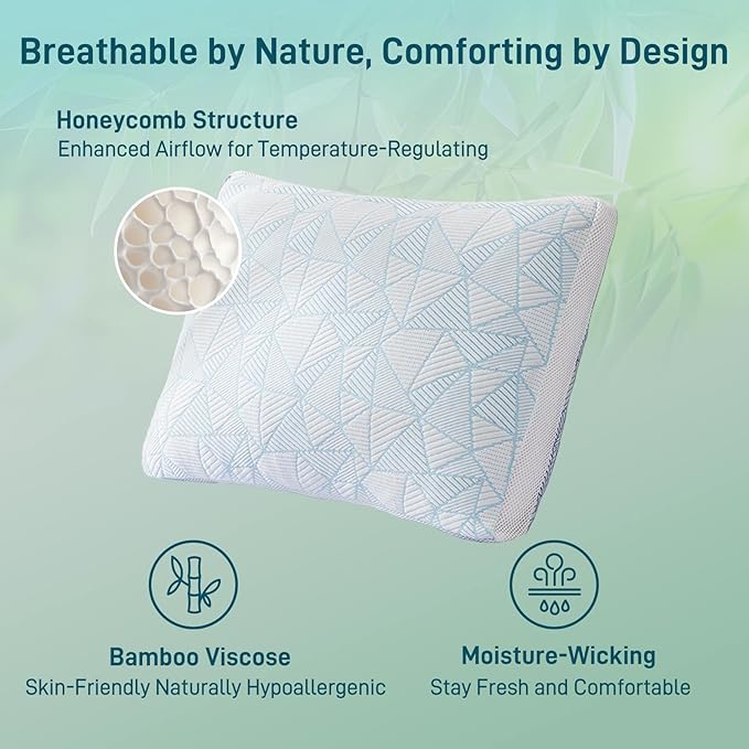 Shredded Memory Foam Cooling Soft Bamboo Viscose Pillow Adjustable Hypoallergenic Hotel Quality Pillow for Stomach, Back or Side Sleeper, Oeko-TEX Certified Queen Size