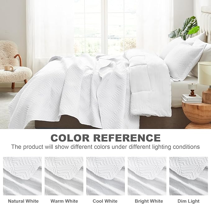 Hansleep White Quilt King Size - Geometric Ultrasonic All Season Bedspread King, Soft Lightweight Coverlet Bedding Set, 3 Pieces (1 Quilt, 2 Pillow Shams)