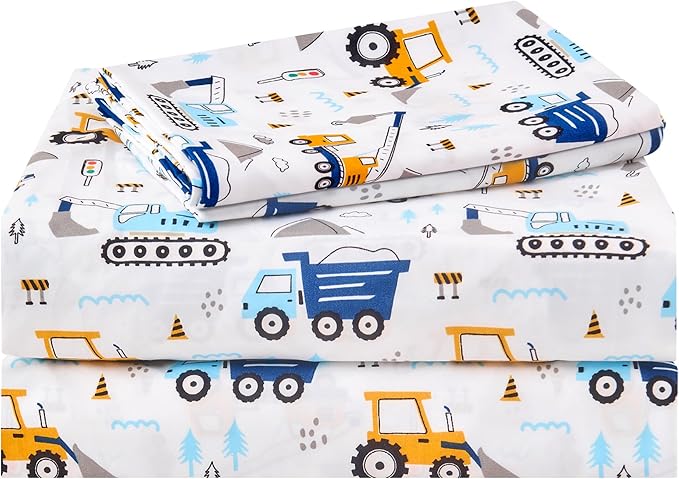 Kids Sheet Set Full Size, Boys Full Sheet Set with White Car Pattern，Breathable Silky Soft Microfiber Kids Fitted Sheet