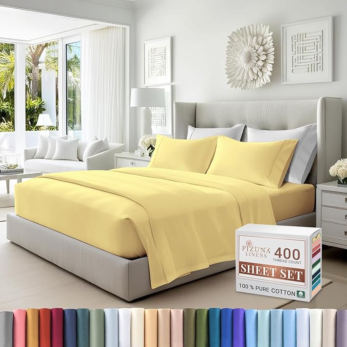 Pizuna Pure 100% Cotton Sheets Full Size, Luxurious 400 Thread Count Long Staple Cotton Sateen Sheets Full with 15inch Deep Pocket (Combed Mellow Yellow Cotton Sheet Set)