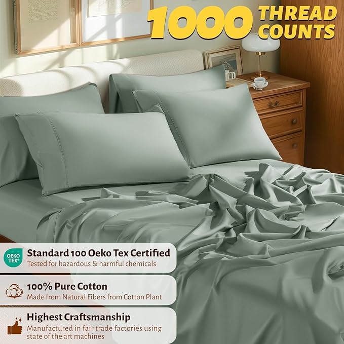 Shilucheng 100% Egyptian Cotton Queen Size Sheets Set - 1000 Thread Count，Luxury Cotton Bed Sheets，Breathable & Cooling Bedding and Pillow Cases, 16 Inch Deep Pocket - 6 Piece (Sea Glass, Queen)