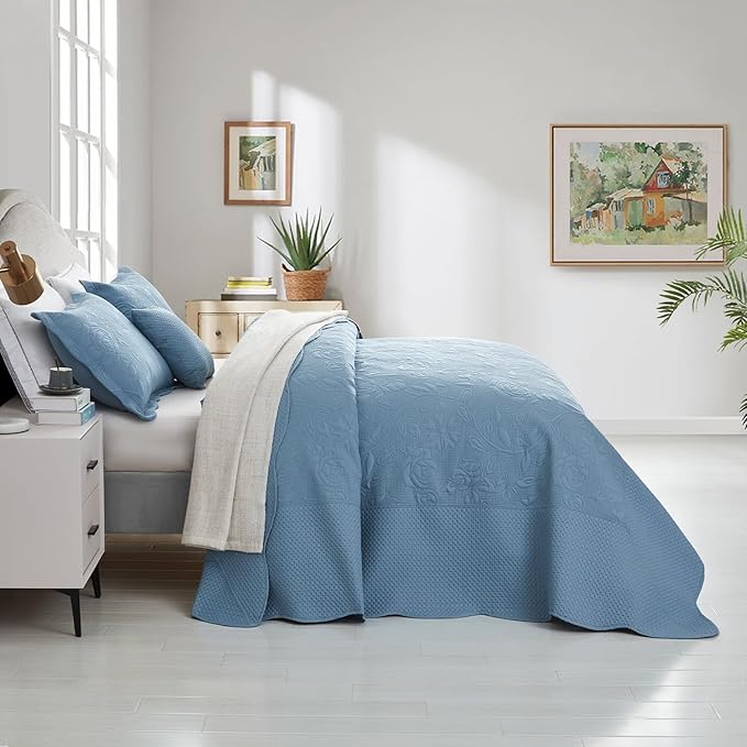 CHIXIN Oversized Bedspread Coverlet Set King Size - Lightweight Bedding Cover - Ultrasonic Quilting - 5 Piece Reversible Bedspread - Vintage Rose Pattern (King, Ashley Blue)