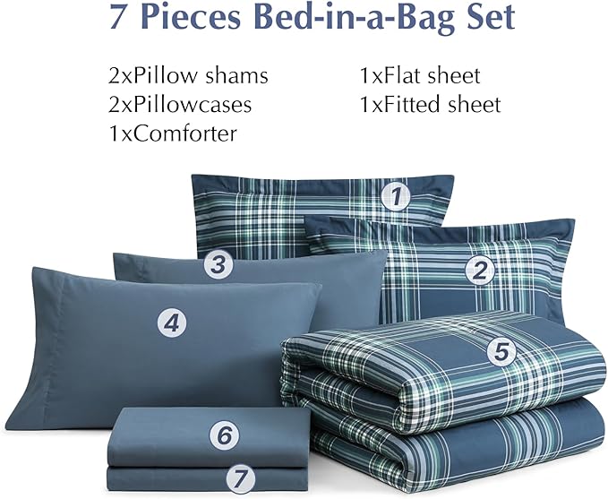 Plaid Full Comforter Sets, Midnight Blue Bedding Set 7 Pieces for Boys Girls Teen, Classic Farmhouse Bed in a Bag for Dorm with Sheets, Pillowcases & Shams