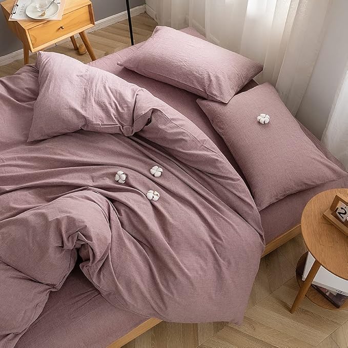 FACE TWO FACE Bedding Duvet Cover Set100% Washed Cotton Duvet Cover Linen Like Textured Breathable Durable Soft Comfy(Full, Purple Bean Paste)