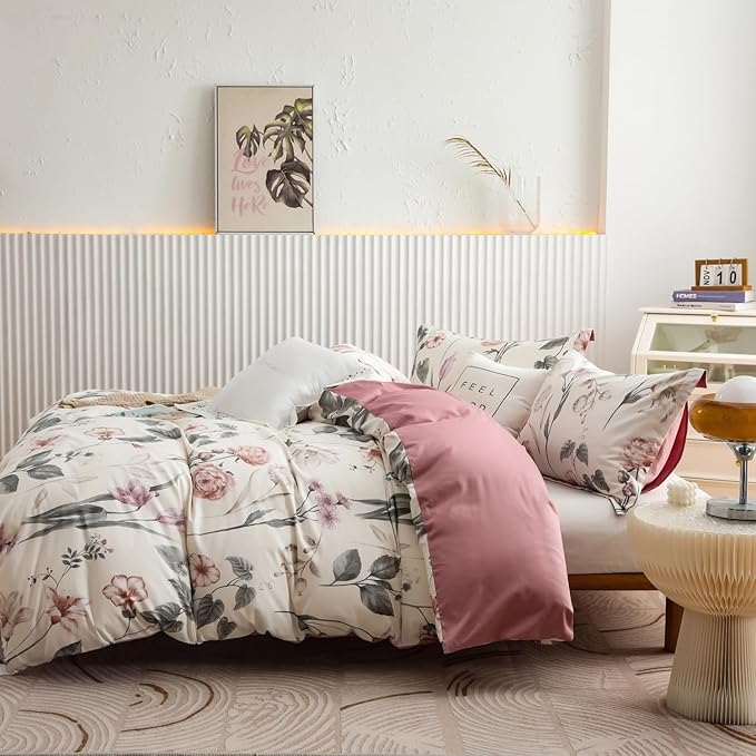 OAITE Duvet Cover Set Twin Size Floral Pattern 600 Thread Count Ultra Soft 100% Long Staple Cotton Duvet Cover Sets 3-PC, Breathable Duvet Cover with Zipper Closure & Corner Ties